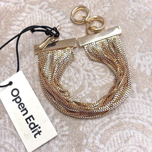 Brand New Open Edit Gold Tone Multi-Strand Chain Toggle Bracelet Statement Cuff - Picture 9 of 14